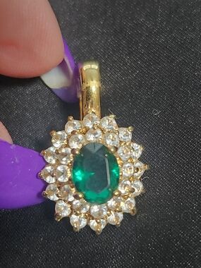 Gold Halo Emerald Pendant with Clear Crystal Accents - Women Jewelry